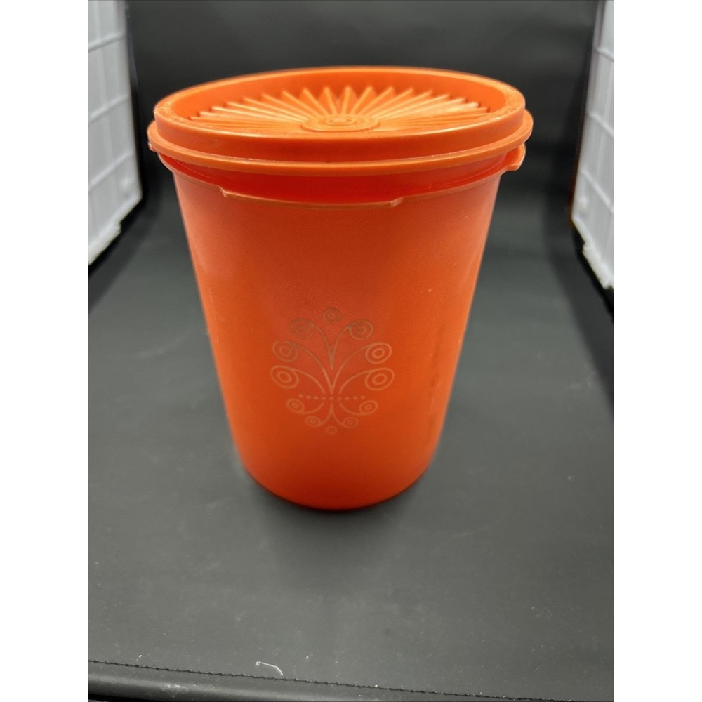 Tupperware Servalier Orange Canister 6 Inch Harvest Wreath Retro Kitsch Kitchen